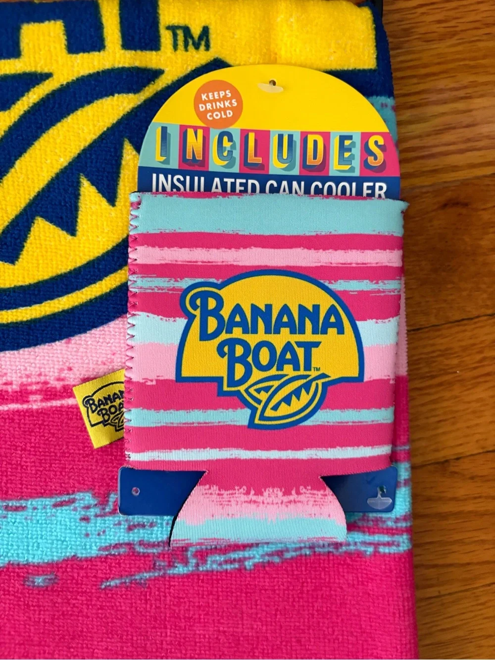 Banana Boat Bright Pink & Turquoise Striped Towel with Insulated Can Cooler